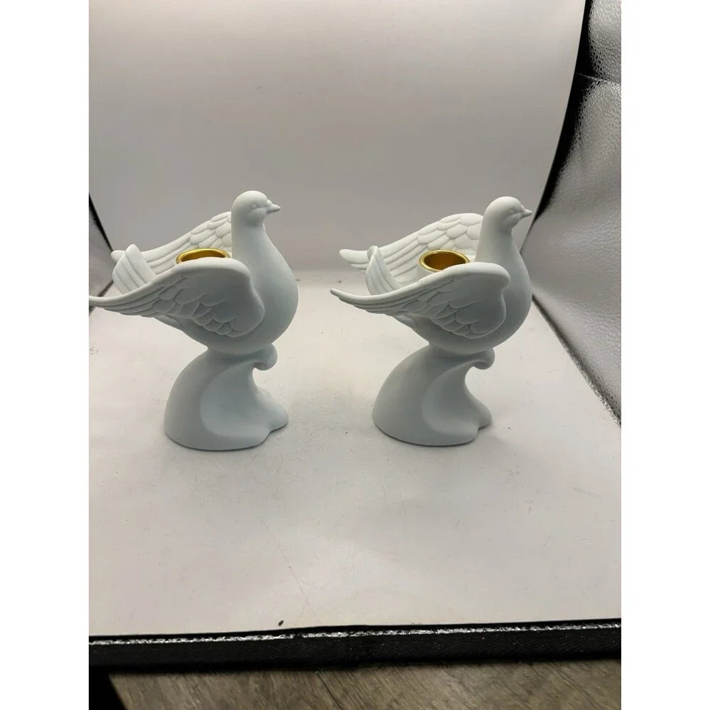 Vintage Pair Of Bisque Dove Candle Holders Signed Y.H. 1997 House Of Lloyd